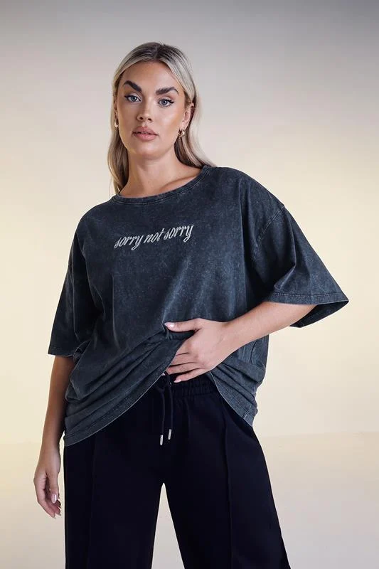 YOURS Curve Grey Acid Wash'Sorry Not Sorry' T-Shirt