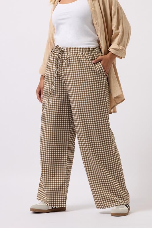YOURS Curve Brown Gingham Wide Leg Trousers