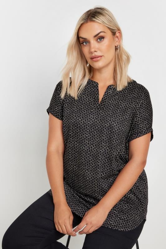 YOURS Curve Black Abstract Print Notch Neck Top
