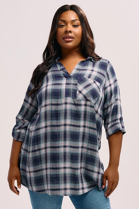 YOURS Curve Navy Blue Check Overhead Shirt