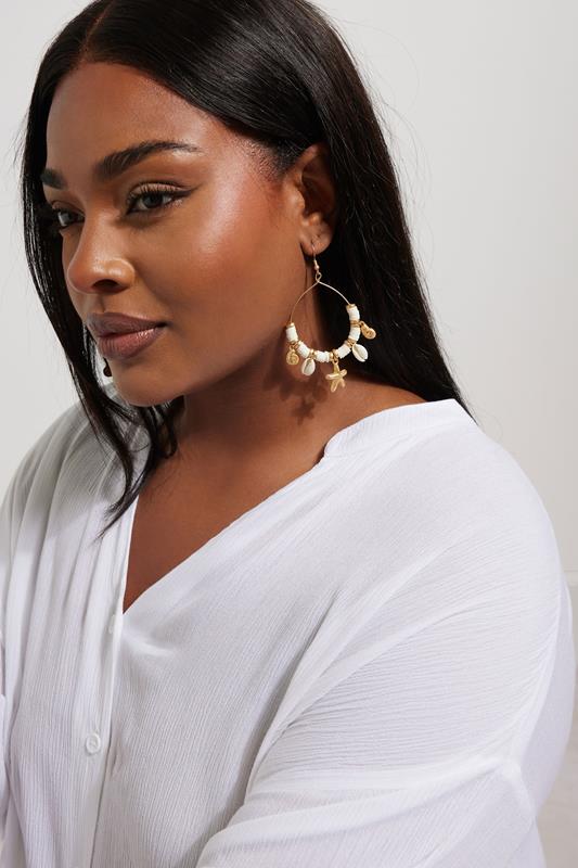 Gold Tone Beaded Shell Hoop Earrings