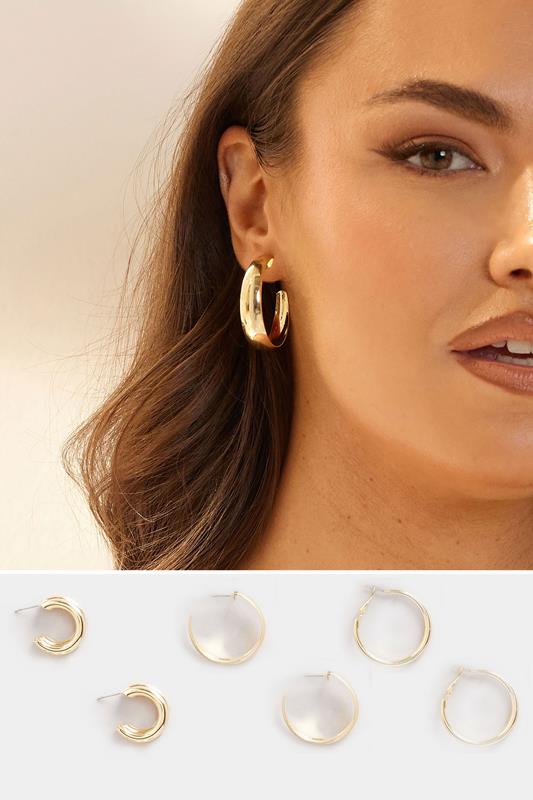 3 PACK Gold Tone Statement Hoop Earring Set