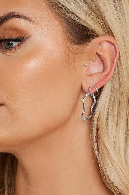 3 PACK Silver Tone Textured Statement Hoop Earring Set