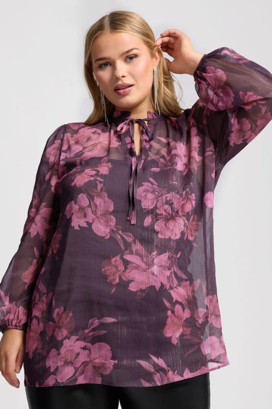 YOURS LONDON Curve Purple Floral Print Metallic Blouse