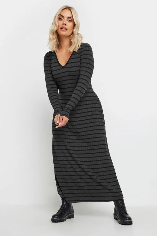 YOURS Curve Charcoal Grey Stripe Ribbed Maxi Dress