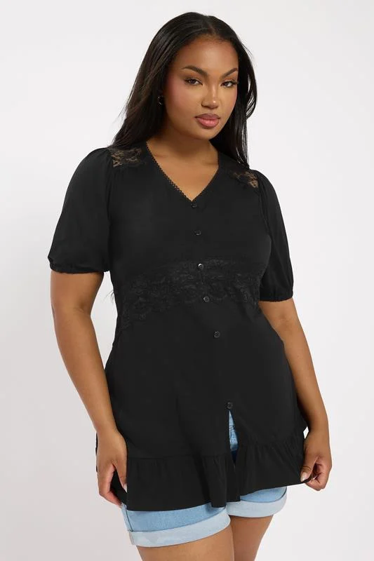 YOURS Curve Black Jersey Lace Frill Smock Top