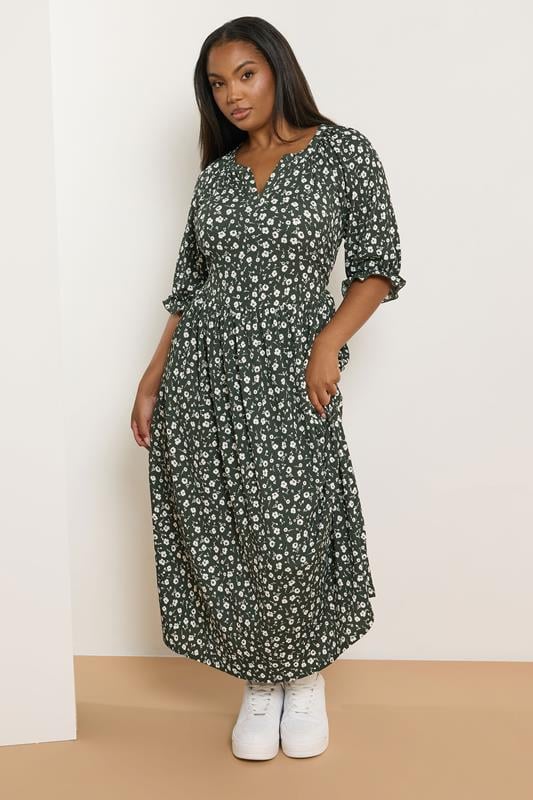 YOURS Curve Khaki Green Ditsy Floral Notch Neck Dress
