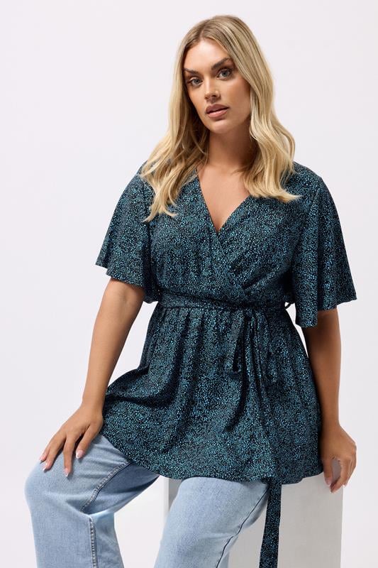YOURS Curve Blue Spot Print Wrap Top