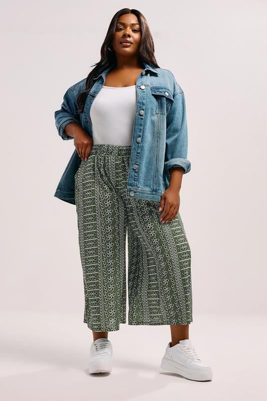 YOURS Curve Green Floral Crinkle Midaxi Culottes