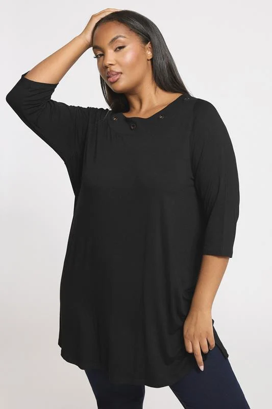 YOURS Curve Black Eyelet Detail 3/4 Sleeve Top