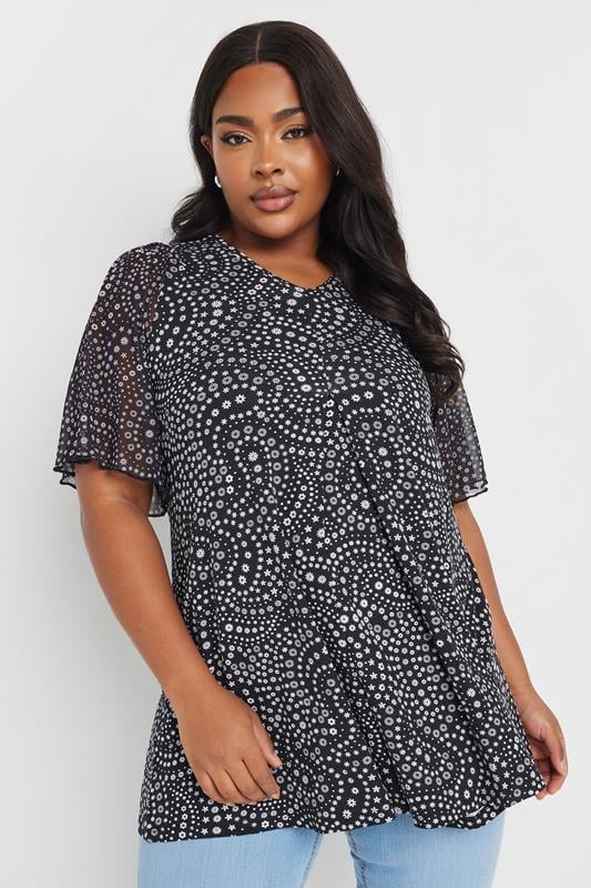 YOURS Curve Black Daisy Print Mesh Sleeve Pleated Top