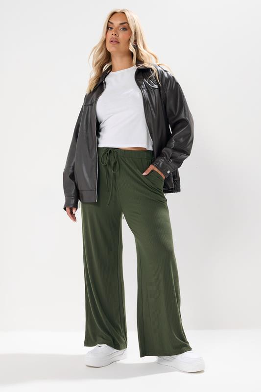 YOURS Curve Forest Green Ribbed Wide Leg Trousers