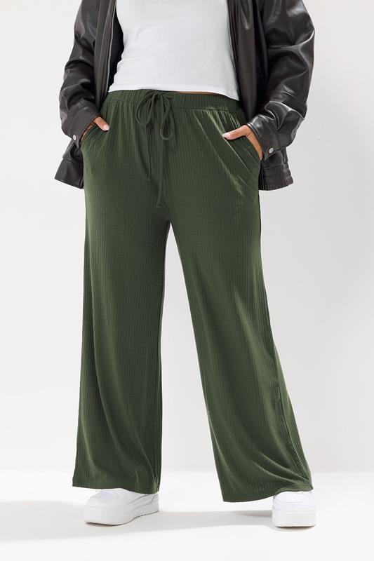 YOURS Curve Forest Green Ribbed Wide Leg Trousers 3 YOURS Curve Forest Green Ribbed Wide Leg Trousers