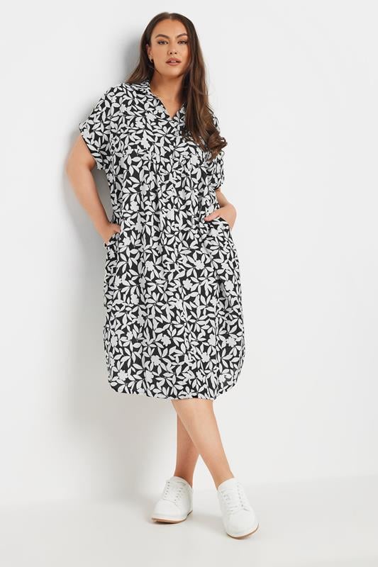 YOURS Curve Black & White Floral Button Through Dress