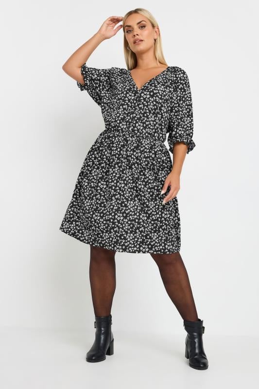 Yours Curve Black Ditsy Floral Print Mini Dress