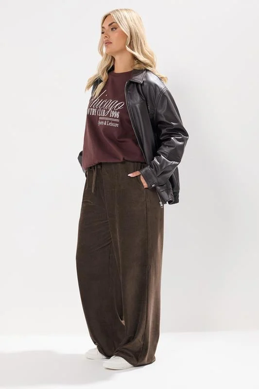 YOURS Curve Brown Cord Drawstring Wide Leg Trousers