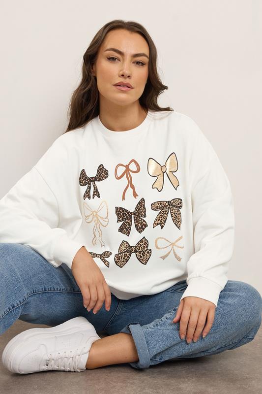 YOURS Curve White Leopard Foil Bow Sweatshirt