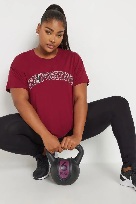 YOURS ACTIVE Curve Burgundy Red'Be Positive' Slogan Print Top