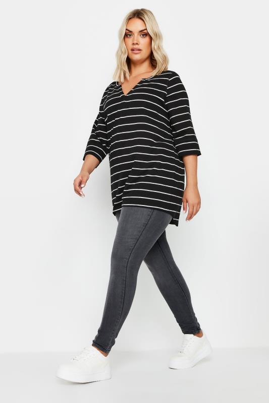 YOURS Curve Black & White Stripe Notch Neck T-Shirt 4 YOURS Curve Black & White Stripe Notch Neck T-Shirt