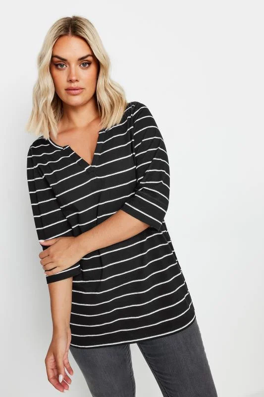 YOURS Curve Black & White Stripe Notch Neck T-Shirt 5 YOURS Curve Black & White Stripe Notch Neck T-Shirt