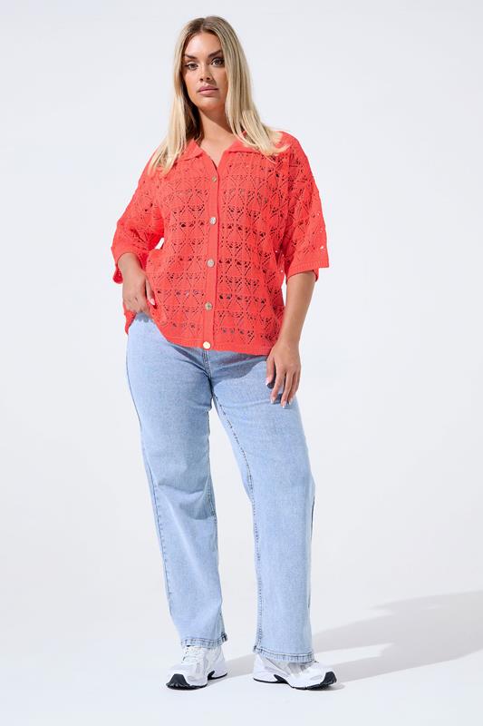 LIMITED COLLECTION Curve Coral Pink Crochet Shirt 3 LIMITED COLLECTION Curve Coral Pink Crochet Shirt