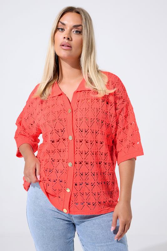 LIMITED COLLECTION Curve Coral Pink Crochet Shirt 5 LIMITED COLLECTION Curve Coral Pink Crochet Shirt