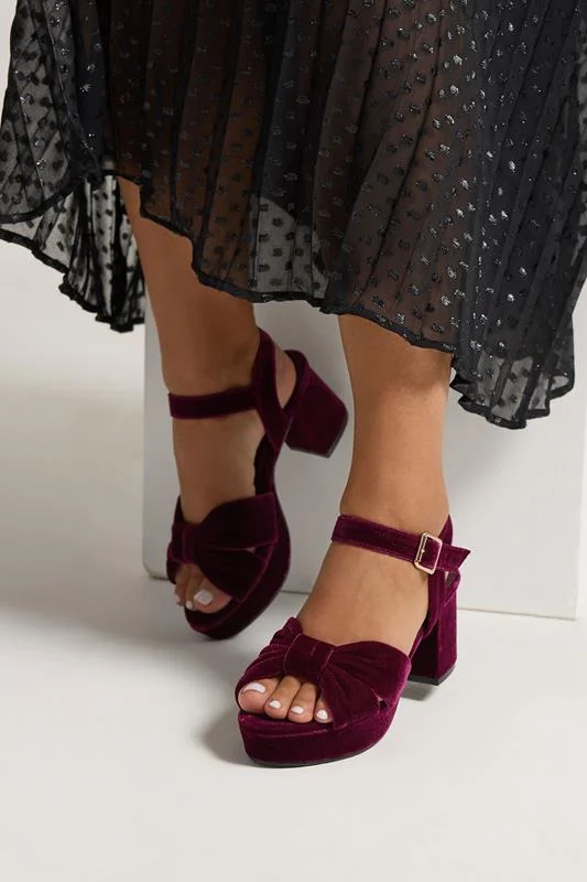 Burgundy Red Velvet Bow Strap Platform Heels In Extra Wide Fit