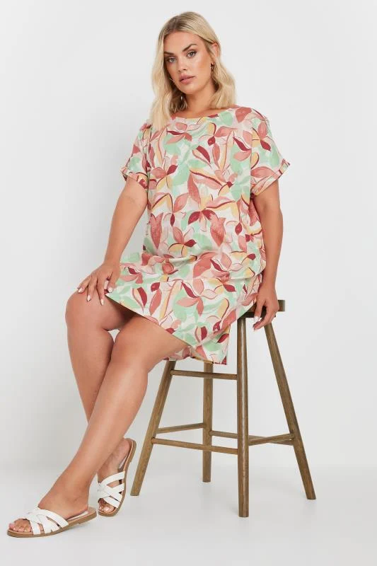 YOURS Curve Green & Orange Leaf Print Tunic Dress