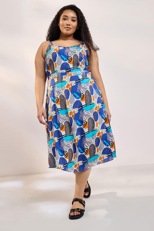 YOURS Curve Blue Abstract Print Shirred Sundress