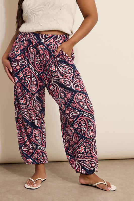 YOURS Curve Navy Blue Paisley Print Harem Trousers