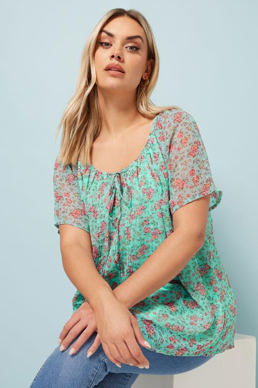 YOURS Curve Blue Floral Tie Neck Pintuck Blouse