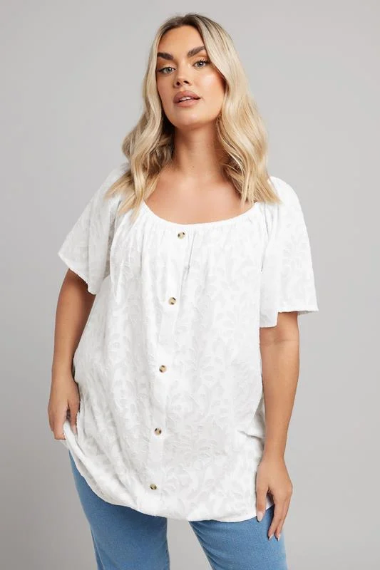 YOURS Curve White Burnout Leaf Button Detail Blouse