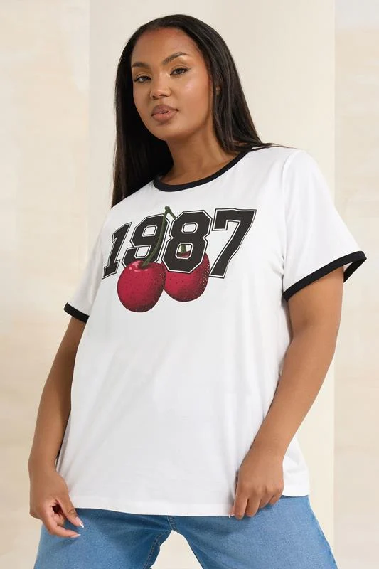 YOURS Curve White'1987' Cherry Print T-Shirt