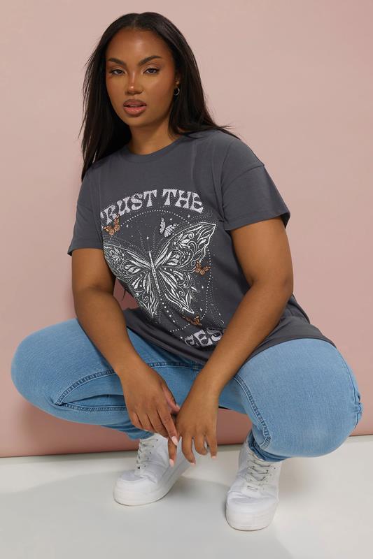 YOURS Curve Charcoal Grey'Trust The Process' Slogan T-Shirt