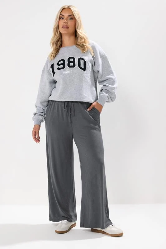 YOURS Curve Charcoal Grey Ribbed Wide Leg Trousers