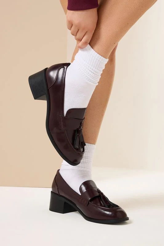 Burgundy Red Patent Heeled Tassel Loafers In Extra Wide EEE Fit