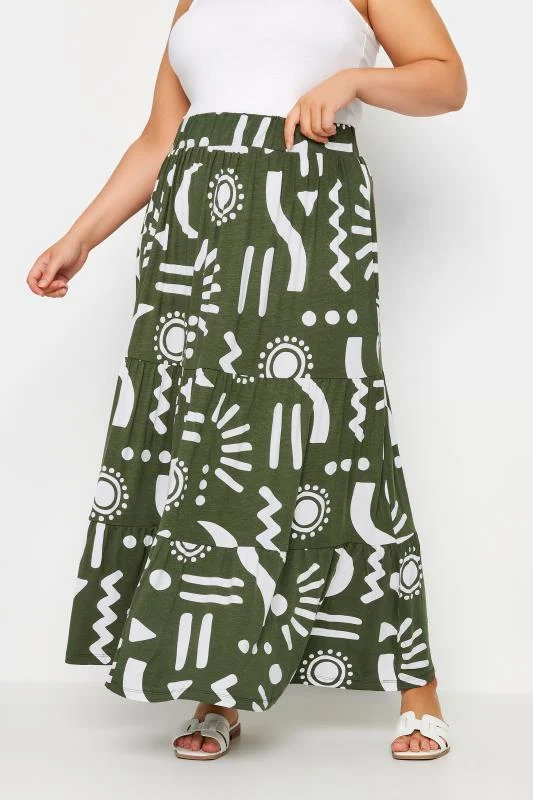 YOURS Curve Green Abstract Print Tiered Maxi Skirt