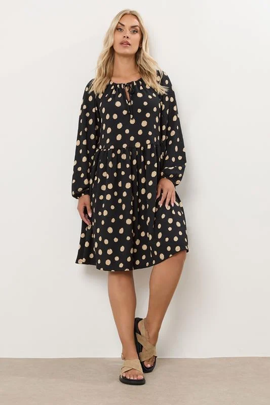 YOURS Curve Black Dot Print Tie Neck Dress