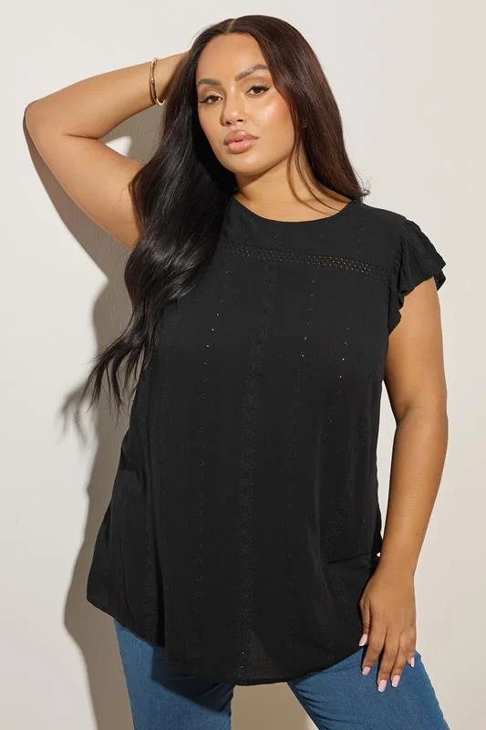 YOURS Curve Black Textured Embroidered Top