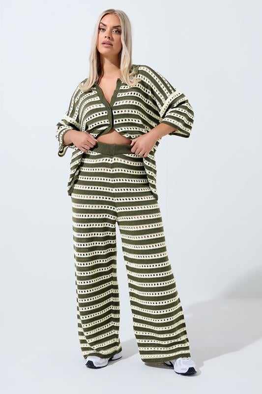 LIMITED COLLECTION Curve Green & White Stripe Crochet Wide Leg Trousers