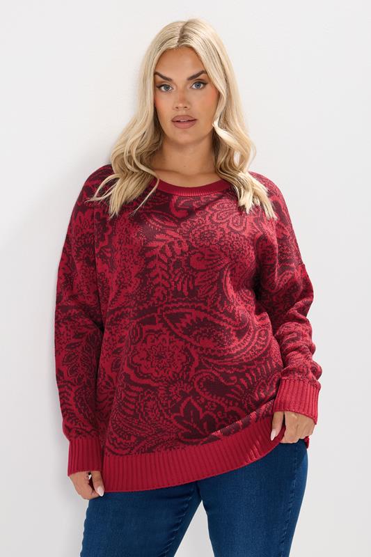 YOURS Curve Burgundy Red Paisley Knitted Jumper