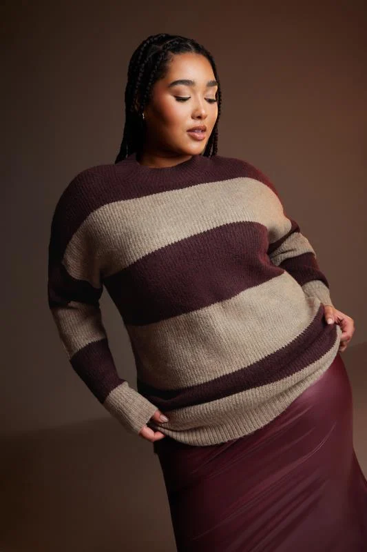 YOURS Curve Burgundy Red Colourblock Stripe Knitted Jumper