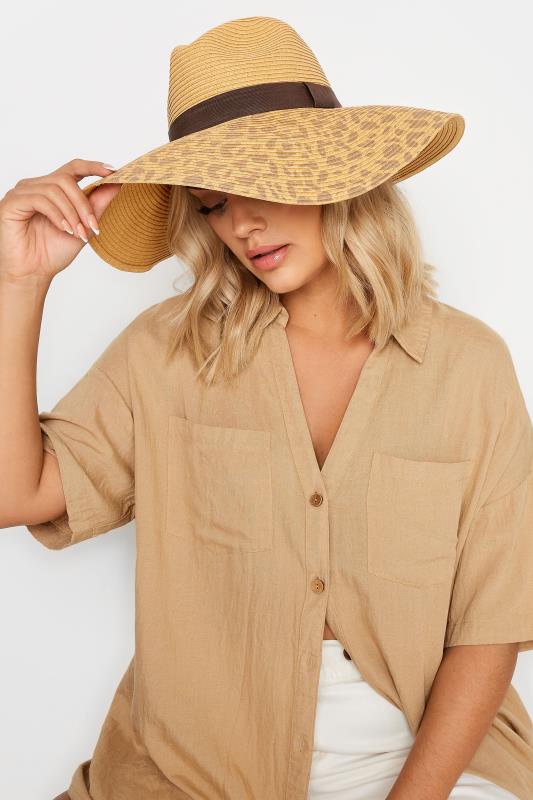 Brown Leopard Print Wide Brim Straw Hat