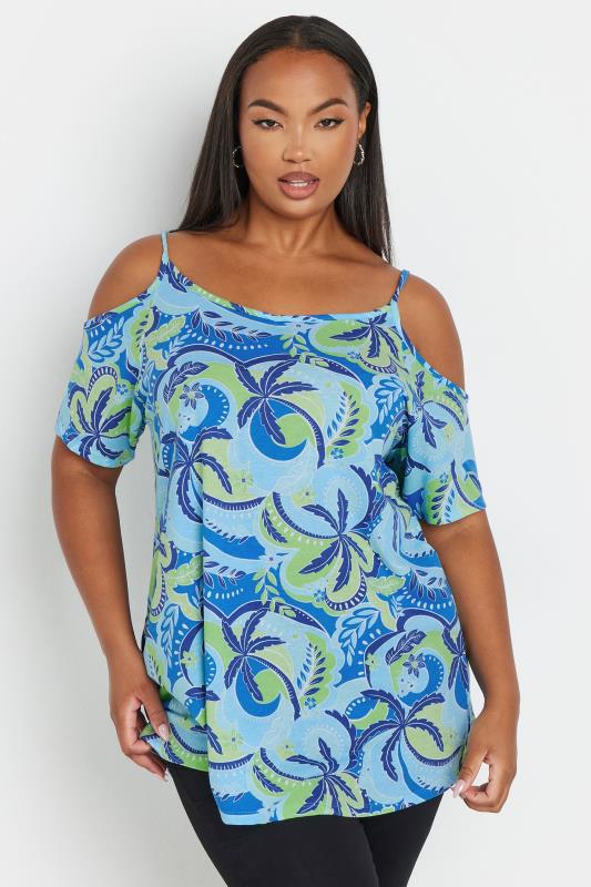 YOURS Curve 2 PACK Blue & Black Swirl Print Cold Shoulder Tops 3 YOURS Curve 2 PACK Blue & Black Swirl Print Cold Shoulder Tops