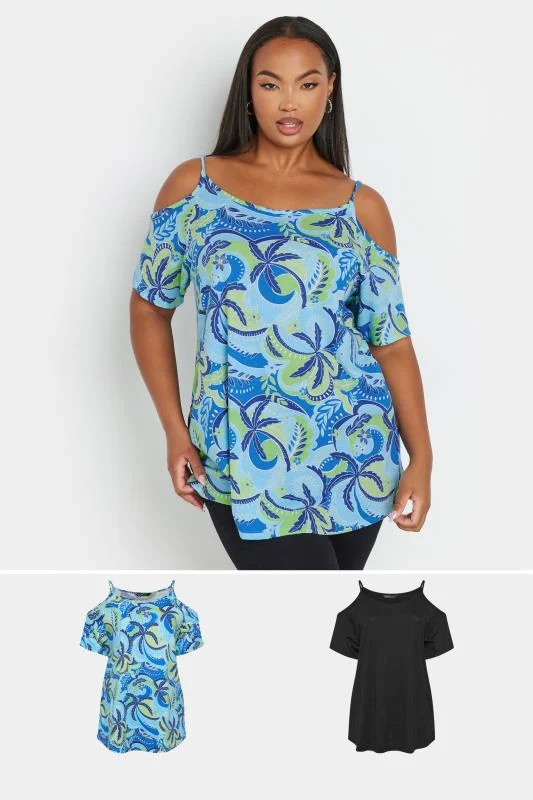 YOURS Curve 2 PACK Blue & Black Swirl Print Cold Shoulder Tops 5 YOURS Curve 2 PACK Blue & Black Swirl Print Cold Shoulder Tops
