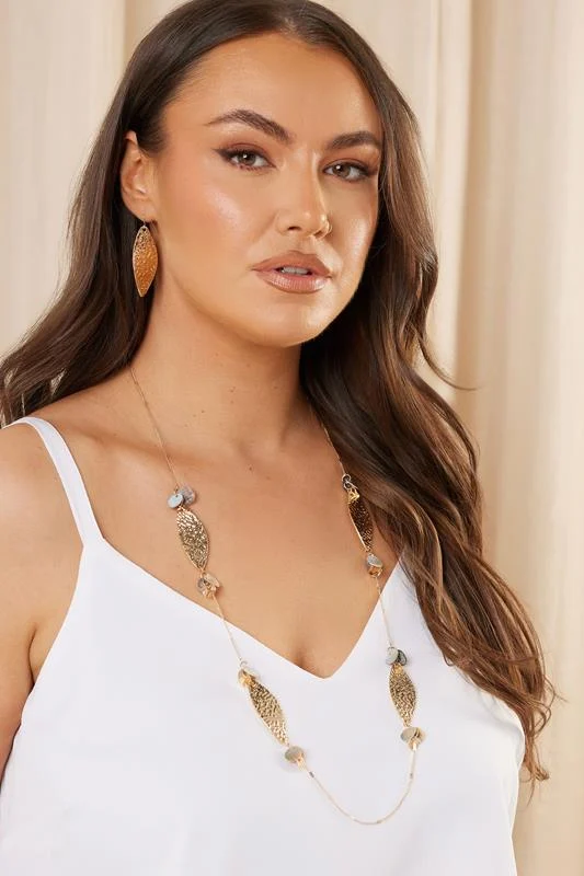 Gold Tone Leaf Necklace & Earrings Set
