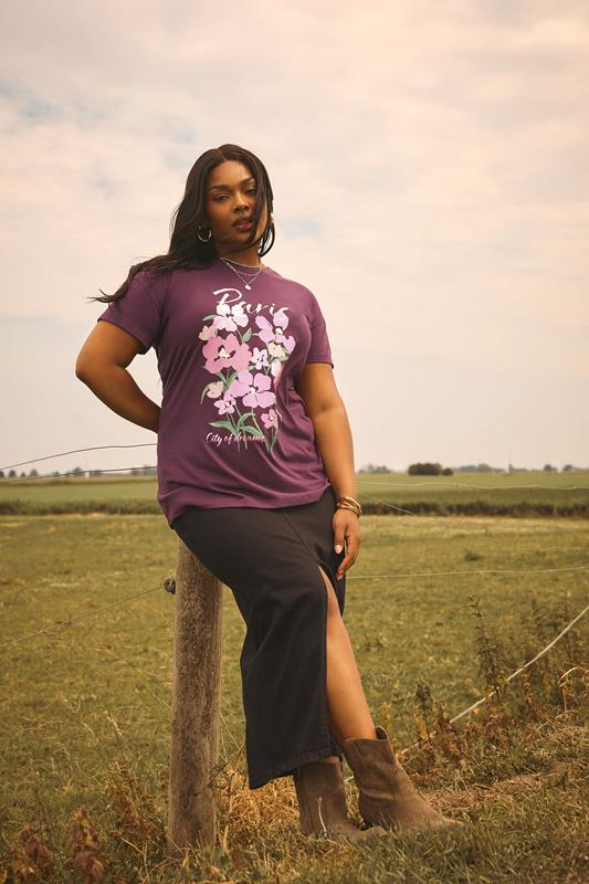 YOURS Curve Purple'Paris' Floral Graphic T-Shirt