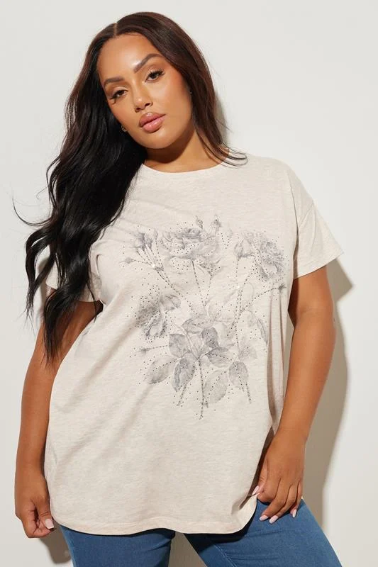YOURS Curve Natural Brown Floral Embellished T-Shirt