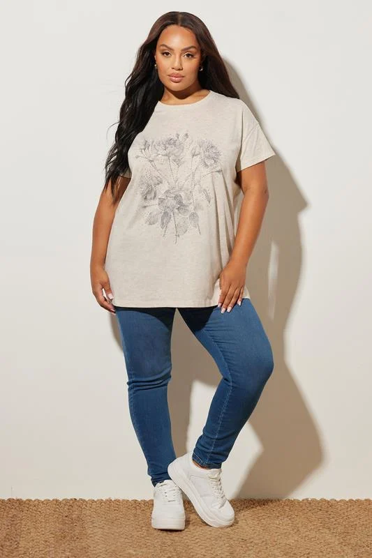 YOURS Curve Natural Brown Floral Embellished T-Shirt 3 YOURS Curve Natural Brown Floral Embellished T-Shirt