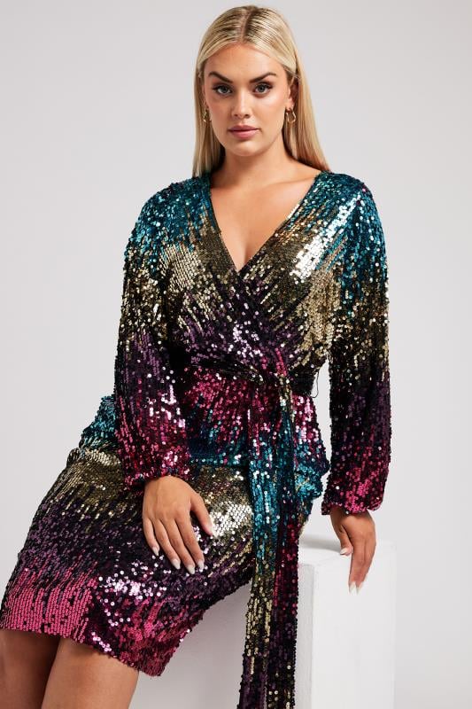 YOURS LONDON Curve Pink & Gold Ombre Sequin Wrap Dress 3 YOURS LONDON Curve Pink & Gold Ombre Sequin Wrap Dress